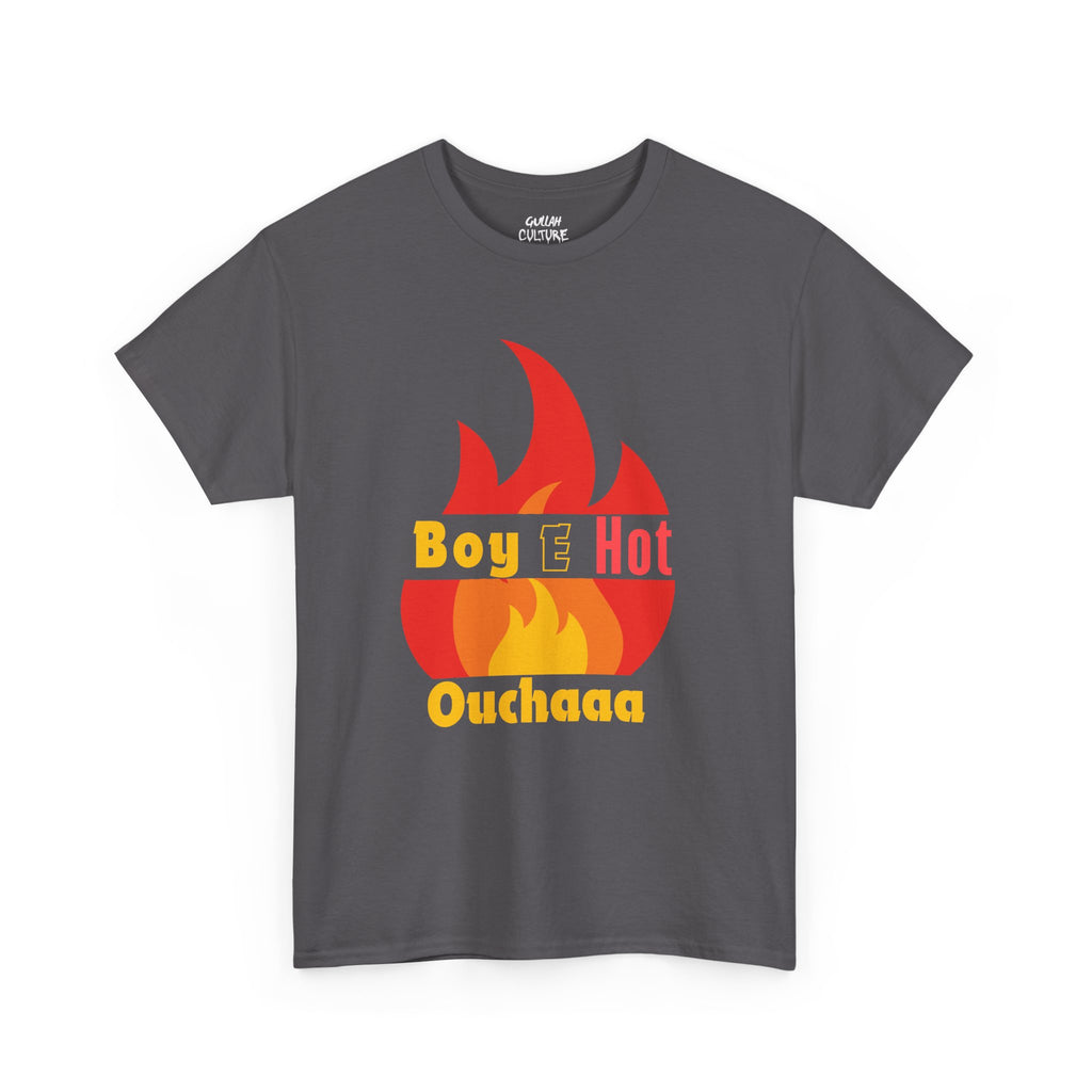 Boy E Hot Ouchaaa T-Shirt | Flame Graphic Tee, Retro Yellow Red Text