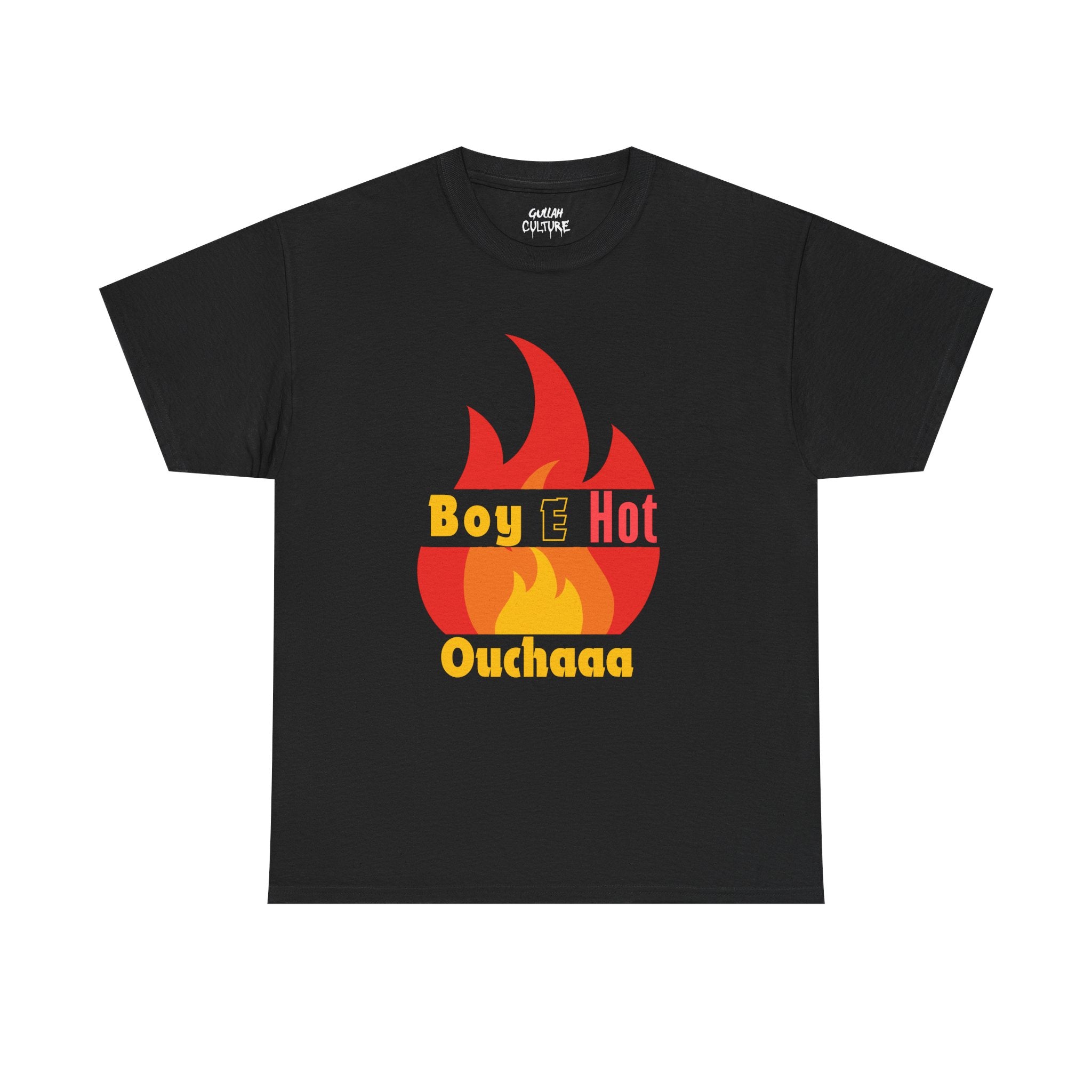 Boy E Hot Ouchaaa T-Shirt | Flame Graphic Tee, Retro Yellow Red Text