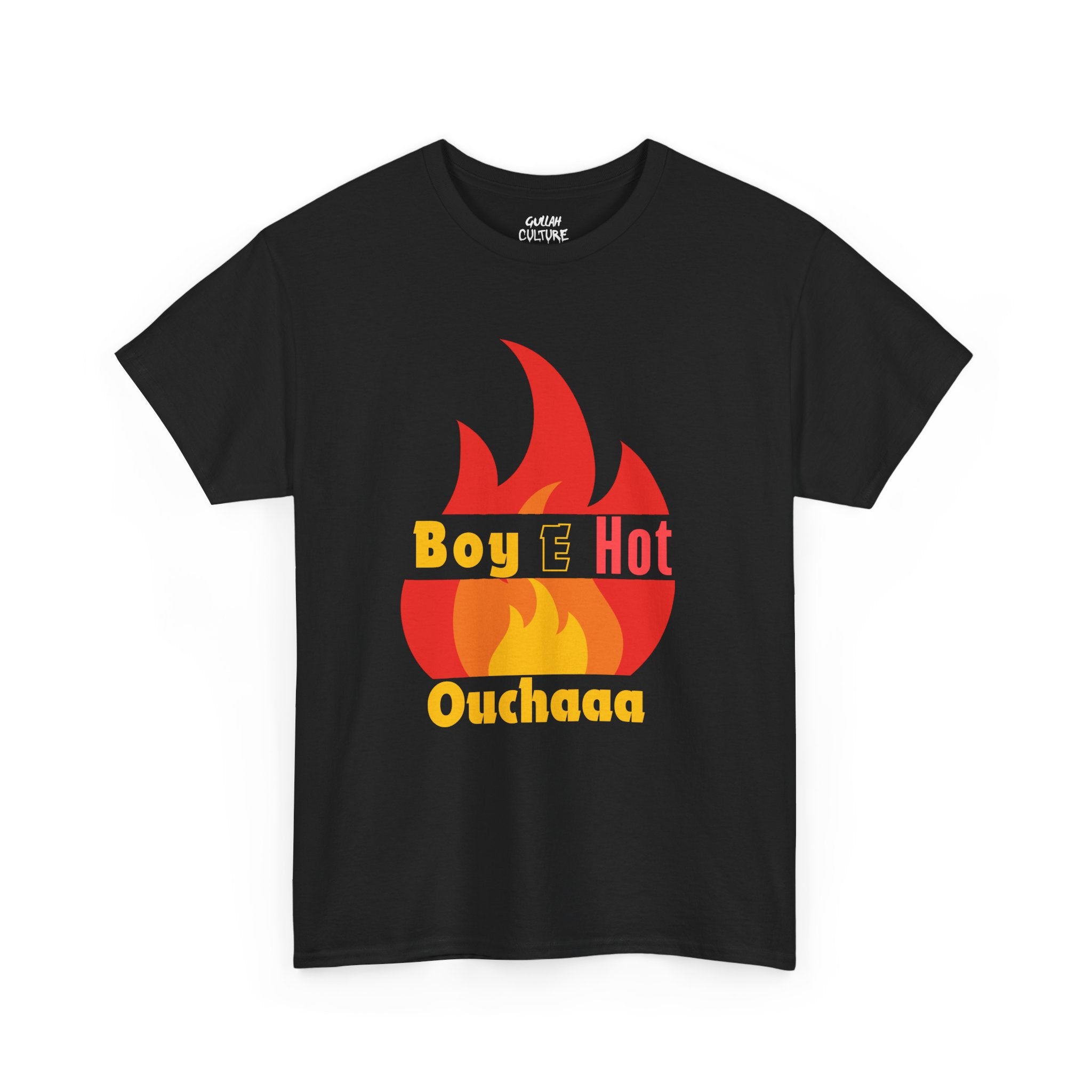 Boy E Hot Ouchaaa T-Shirt | Flame Graphic Tee, Retro Yellow Red Text