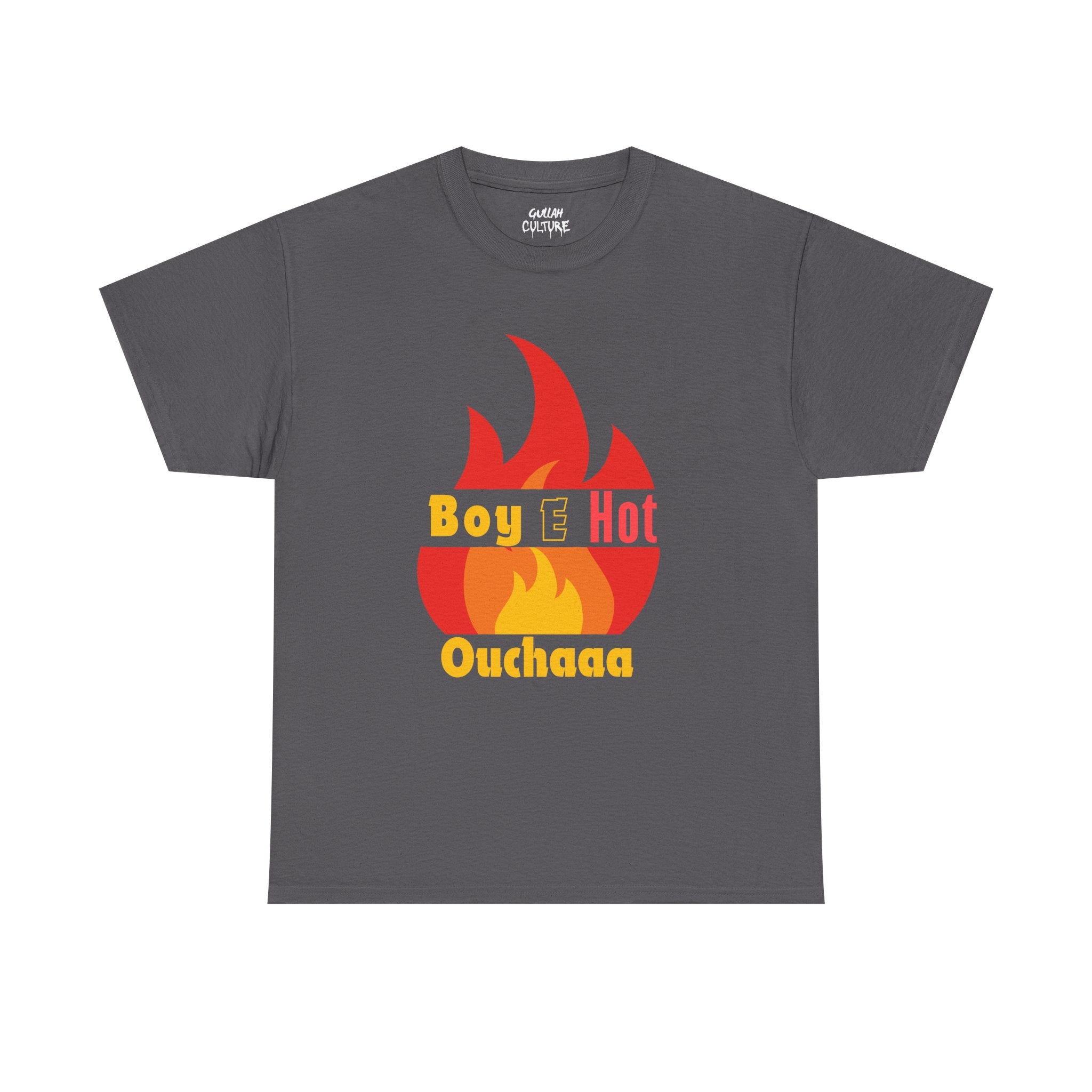Boy E Hot Ouchaaa T-Shirt | Flame Graphic Tee, Retro Yellow Red Text