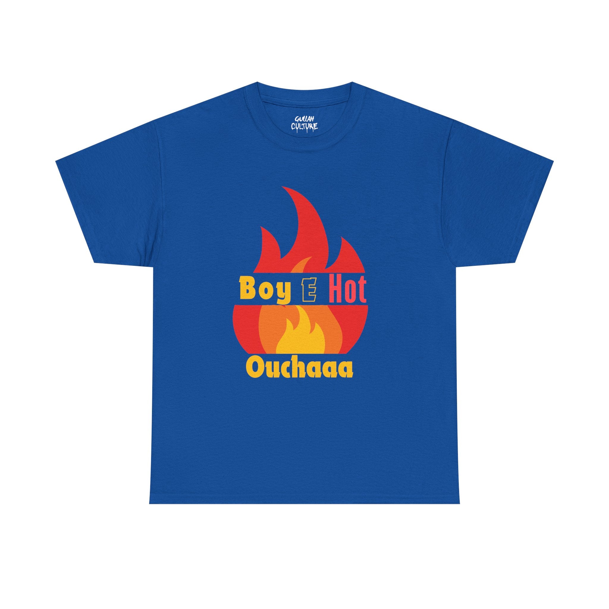 Boy E Hot Ouchaaa T-Shirt | Flame Graphic Tee, Retro Yellow Red Text