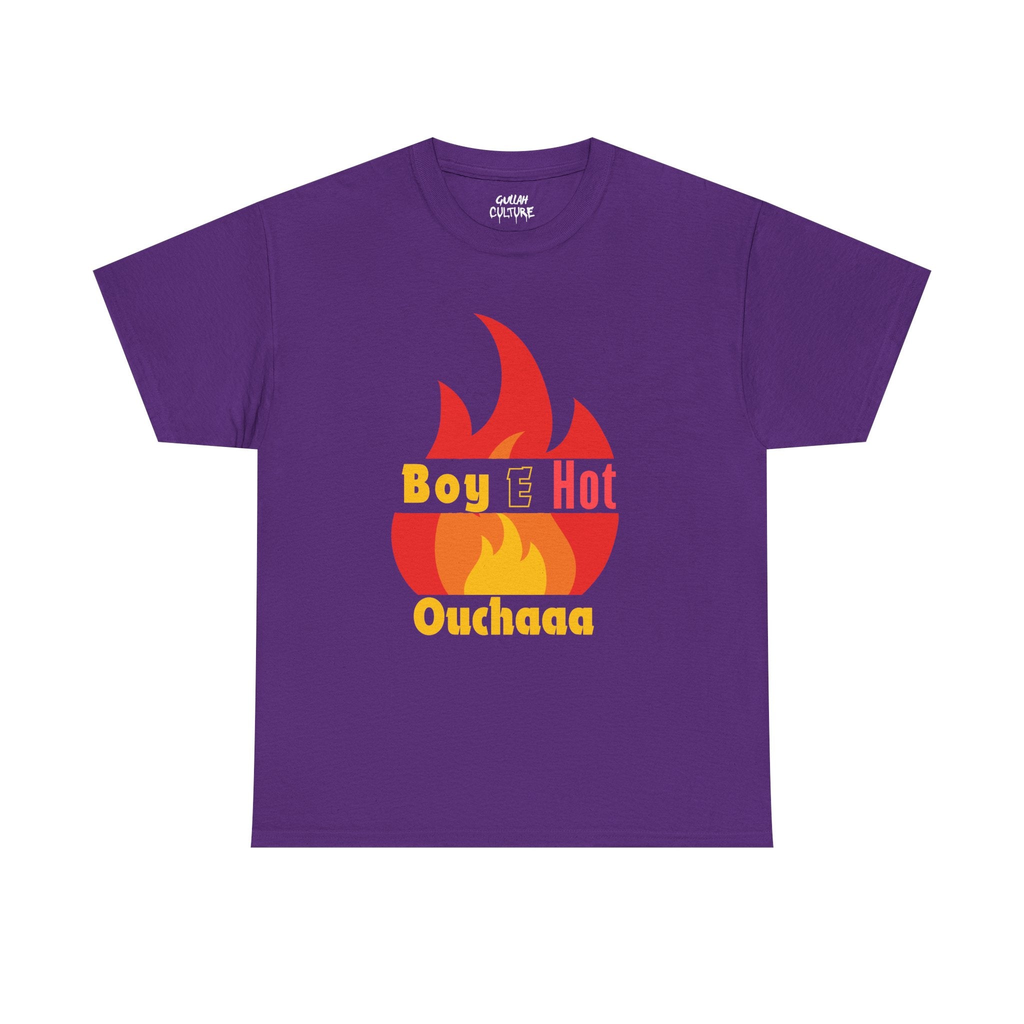 Boy E Hot Ouchaaa T-Shirt | Flame Graphic Tee, Retro Yellow Red Text