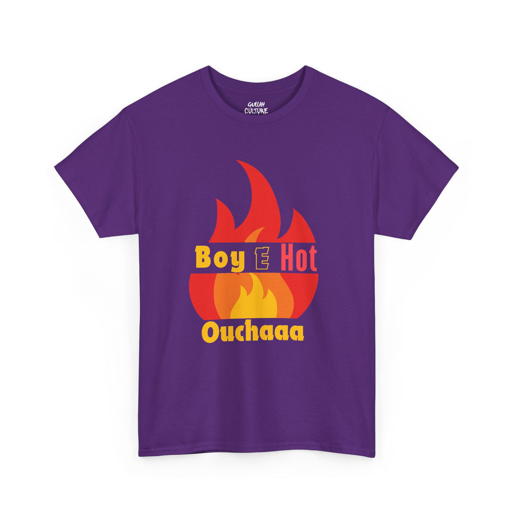 Boy E Hot Ouchaaa T-Shirt | Flame Graphic Tee, Retro Yellow Red Text