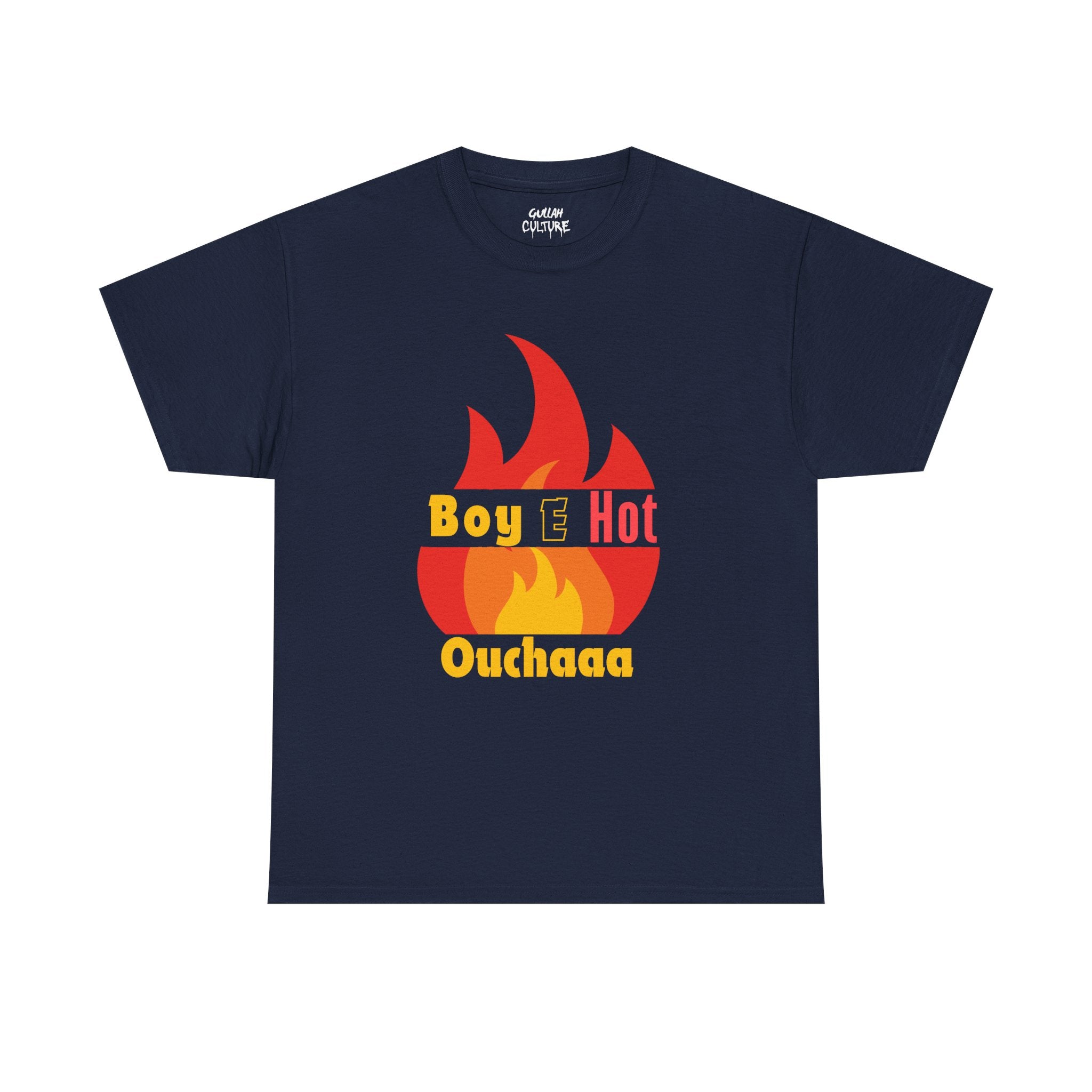 Boy E Hot Ouchaaa T-Shirt | Flame Graphic Tee, Retro Yellow Red Text