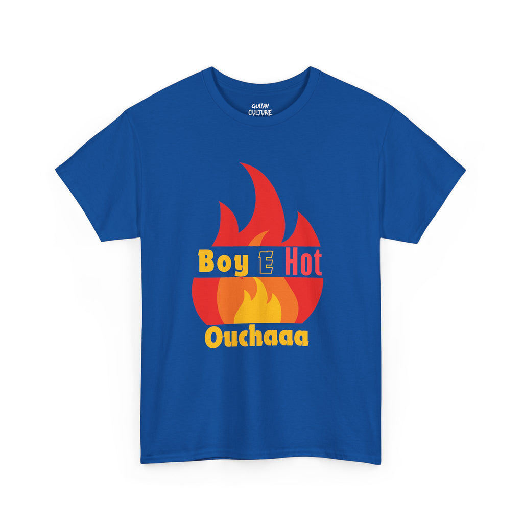 Boy E Hot Ouchaaa T-Shirt | Flame Graphic Tee, Retro Yellow Red Text